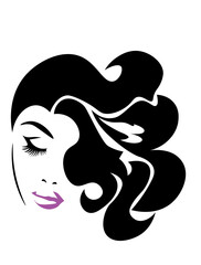 Beautiful sexy woman face, curly black hair style, fashion hairdresser, element design, spa salon. Beauty Logo. Vector illustration.