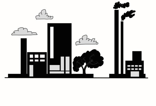 An illustration between a community with fresh air and a community with industrial plants. Urban communities and industrial communities. Clean air.