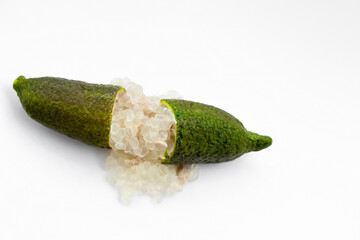 Finger lime or caviar lime of Australian cut in half, it is edible fruits used for cooking gourmet...