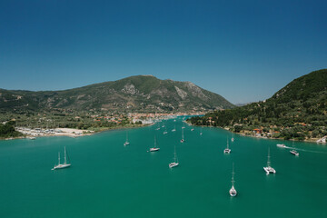 Obraz premium Popular Tourist destination. Bay with boats on Lefkada island. Nydri village.