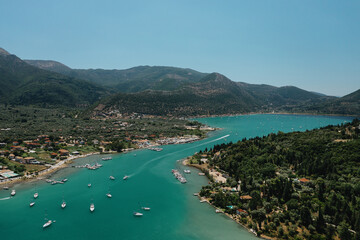 Popular Tourist destination. Bay with boats on Lefkada island. Nydri village.