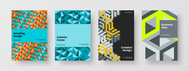 Multicolored brochure A4 vector design layout collection. Modern geometric tiles corporate cover concept set.