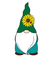 Green hat gnome with sunflower and red ladybug in autumn.