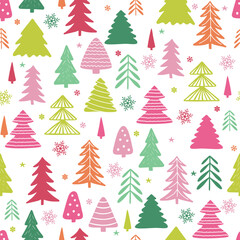 Seamless pattern of bright Christmas trees and snowflakes