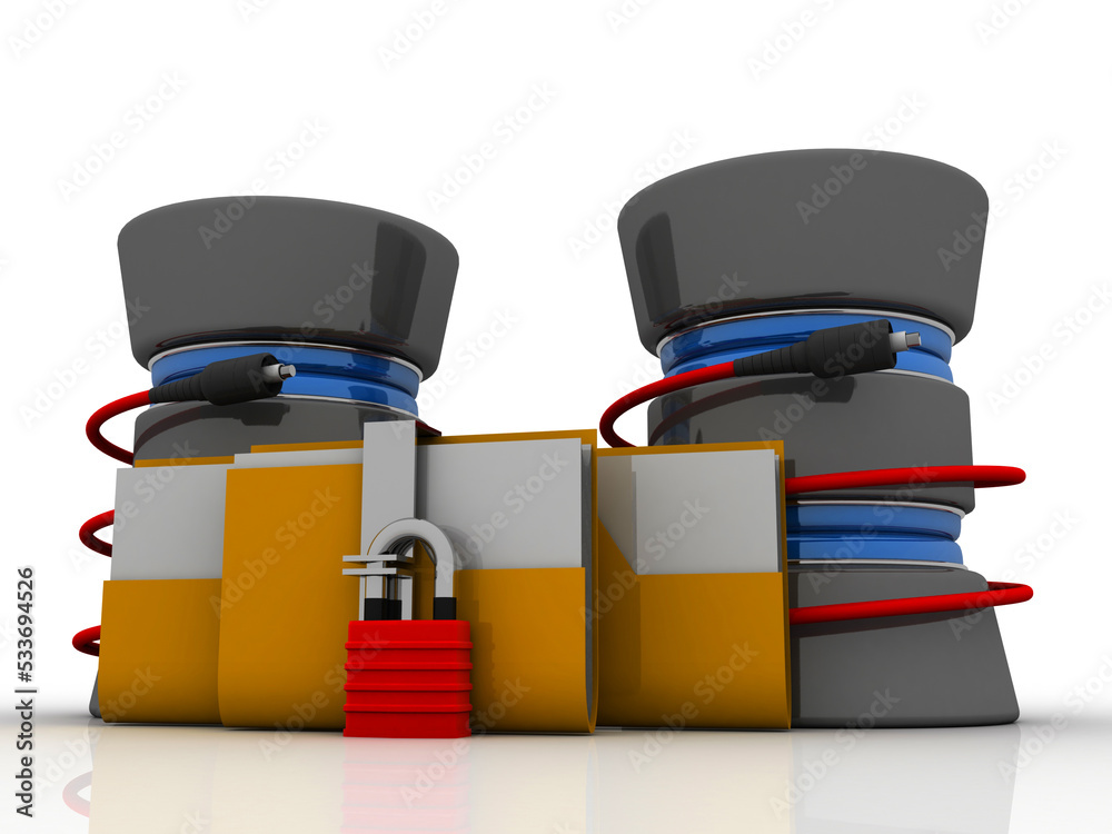 Poster 3d rendering folder connected to database lock connected aux cable