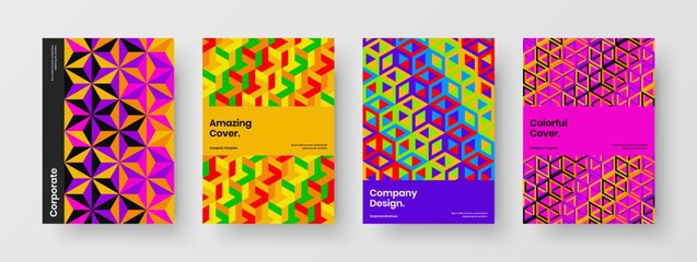 Multicolored geometric pattern flyer concept bundle. Vivid booklet A4 design vector template composition.