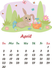 Calendar April. A cute rabbit is lying with a basket of Easter eggs. Calendar with cartoon rabbit. Vector illustration