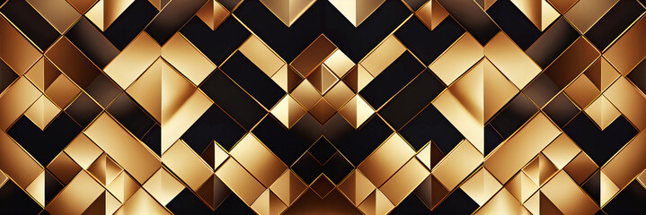 Luxury geometric abstract black metal background with golden light lines. Dark 3d geometric texture illustration. Bright grid pattern. Luxus horizontal banner wallpaper.