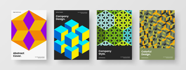 Colorful company identity A4 design vector illustration set. Abstract geometric tiles leaflet layout bundle.