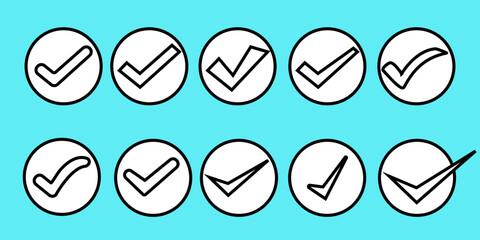 Check mark icons with 8 different shapes. Vector illustration - choice icons. Yes, Correct, Ok, Approved, Agree, Right, Accepted.