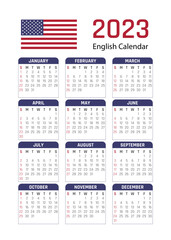 2023 English Calendar. English Calendar 2023. English 2023 Calendar. Vector illustration.