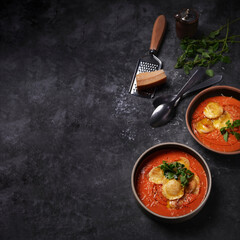 Fried ravioli with tomato soup