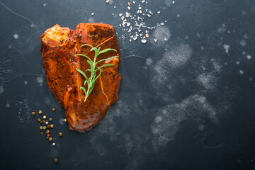 Raw steak t-bone or porterhouse. Steak t-bone or porterhouse in sauce with spices, salt and...