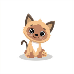 Siamese kitten sits on a white background. Cute cat in cartoon style. Vector illustration  for postcard, banner, web, design, arts