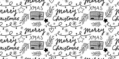 Christmas lettering pattern in doodle style. Christmas seamless pattern outline in one line. Fashion pattern sketch on white background Happy New Year. Pattern for the design of packages and New Year 