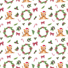 Watercolor seamless christmas pattern with tigers, fir trees, candy cane and holly
