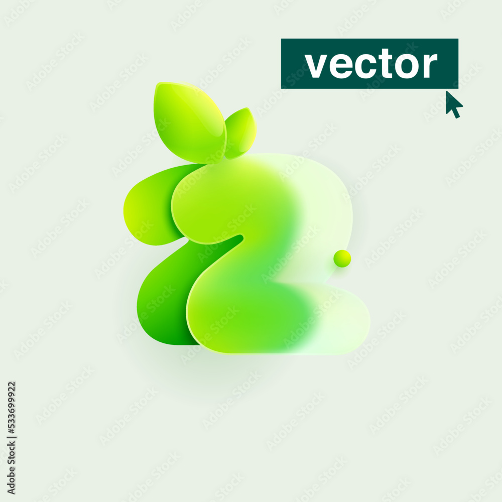 Wall mural number two ecology logo in realistic glassmorphism style. vector blurry translucent icon with green 