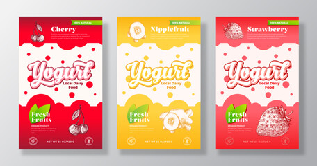 Fruits and Berries Yogurt Label Templates Set. Abstract Vector Dairy Packaging Design Layouts Collection. Modern Banner with Hand Drawn Strawberry, Cherry and Nipplefruit Sketches Background Isolated