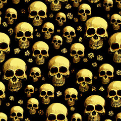 Seamless pattern with old yellow skulls on black background