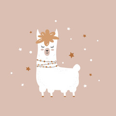 Cute cartoon llama and cactus. Set baby posters. Wall art nursery. Funny design for textiles, postcards, baby shower. Happy lama. Kids print animals. Boho style. © IVONINA