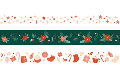 Fototapeta na wymiar Christmas border set. Frame with winter florals, stars, socks, gifts, candy cane, hot drink. Template for greeting card, invitation decoration, web banner. Xmas string, ribbon. Seamless vector pattern