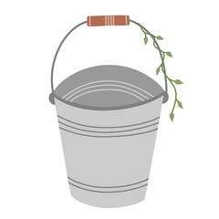 Garden bucket icon, doodle container for soil, harvest, fertilizer, vector illustration of bucket with climbing plant, isolated colored clipart on white background