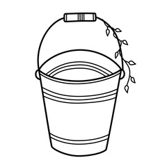 Garden bucket doodle illustration, container for soil, harvest, fertilizer, vector icon of bucket with climbing plant, isolated outline clipart on white background