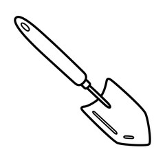 Garden trowel icon, hand tool for digging, applying, smoothing, doodle of gardening equipment, isolated outline clipart on white background