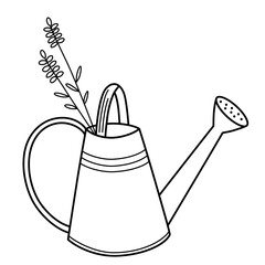 Watering can for garden, doodle icon of metal water can with lavender flowers, horticulture vector illustration, isolated outline clipart on white background © Elena