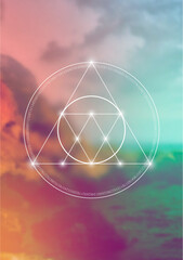 Sacred geometry spiritual new age futuristic illustration with transmutation interlocking circles, triangles and glowing particles