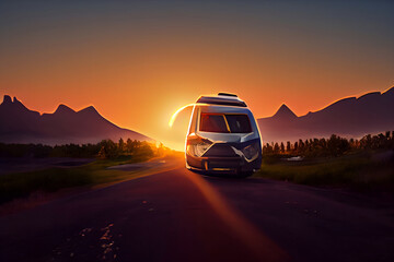 Fototapeta na wymiar Travel van driving on sunset background. Camping car on the road. Cartoon style travel concept, neural network generated art
