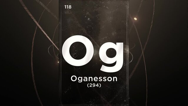 Oganesson (Og) symbol chemical element of the periodic table, 3D animation on atom design background