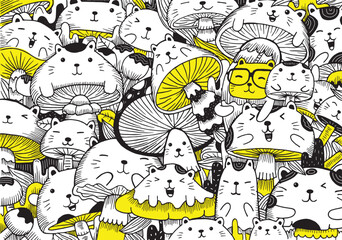 cute cats mushroom doodle vector illustration