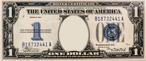 Clear 1934 One Dollar $1 Silver Certificate Banknote pattern, One  dollar border with empty middle...