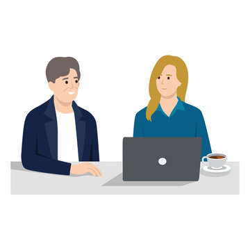Man and woman with laptop talking and working in office. Teamwork concept. Communication. People conversation. Flat vector illustration isolated on white background