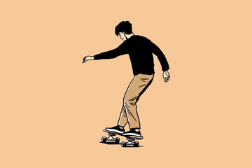 Fototapeta na wymiar Illustration of young man on skateboard. Fashionable young boy on skateboard.
