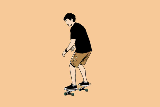 Illustration Of Teenage Man Plays Surf Skate With Clear Background. Trendy Man Is Skating. 