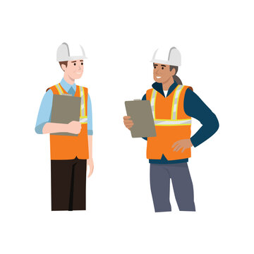 Construction worker discussion with manager. Communication. People conversation. Flat vector illustration isolated on white background