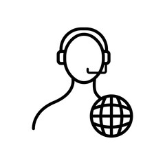 hotline operator with planet line icon. Call center, man wearing headset, worldwide, online, internet, consultation. Support service concept. White background. Vector line icon for Business