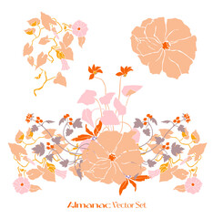 Fototapeta premium Vector Children's Illustration Friendship Children Girls, Citrus, Children, Bouquets, Flowers, Freak Fruits, Roses, Bindweed,