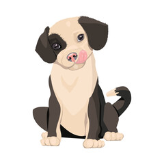 Cute black and white puppy, vector illustration of a dog sitting with tongue hanging out