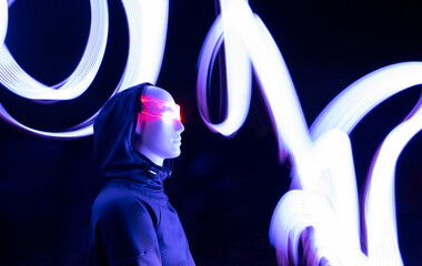 AI cyborg wearing futuristic eyeglasses standing by light trail