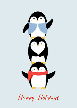 Greeting card with cute hand drawn penguins with accessories. Template for Christmas greeting card, invitation, postcard, flyer