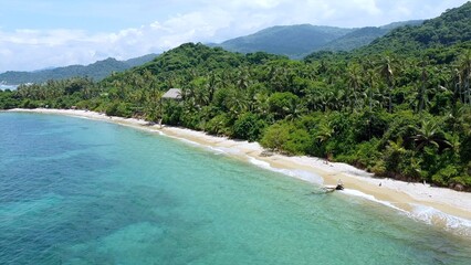 Fototapeta premium Santa Marta Colombia , Tayrona Natural Park Caribbean sea ocean - Drone aerial view of amazing sand beach and forest full of palm trees vegetation - deserted and paradise beach for summer vacation
