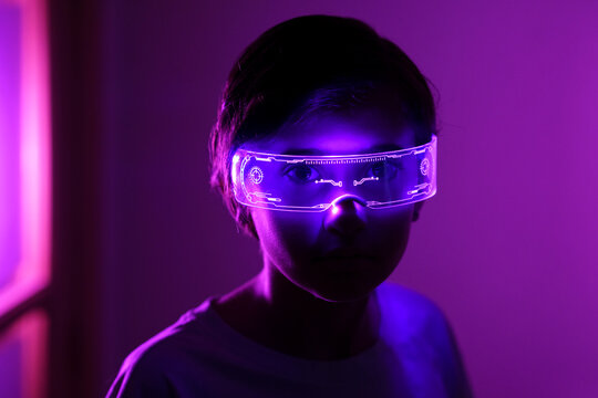 Girl wearing illuminated augmented reality glasses