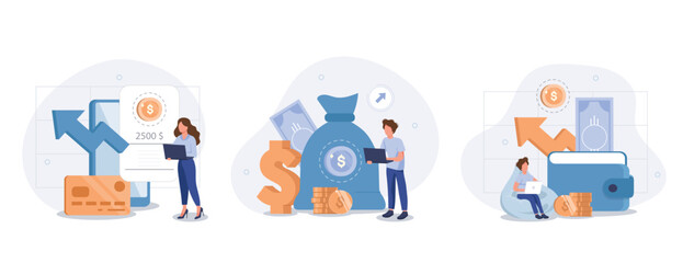 Fototapeta premium Financial illustration set. Characters saving money in cash, credit card or in savings bank accounts. Personal finance management and savings concept. Vector illustration.