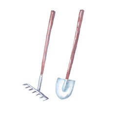 Shovel and rake.  Watercolor clipart