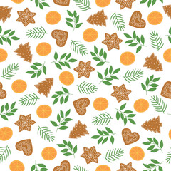 Seamless pattern of gingerbread cookies, orange slices and twigs. Winter elements on white background