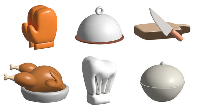cooking 3d icon set with chef hat, cooking gloves, cutter board, frying hen 3d illustration.