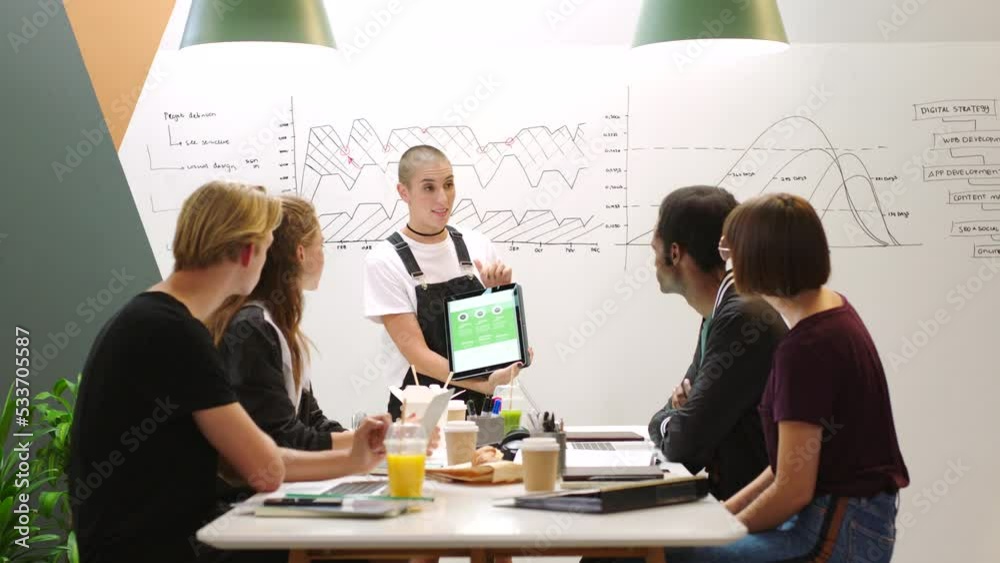 Poster Seo presentation, UI tablet and female speaker showing future while talking about analytics, algorithm and graph on whiteboard in business meeting. Men and women in a workshop for proposal on trading